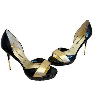 Bruno Frisoni d’orsay patent leather black & gold open toe stiletto heels 38 7.5